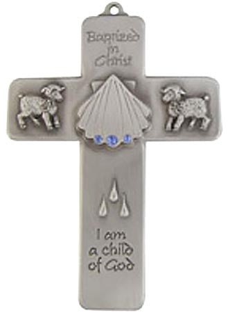 Pewter Baptism Cross with Blue Rhinestones