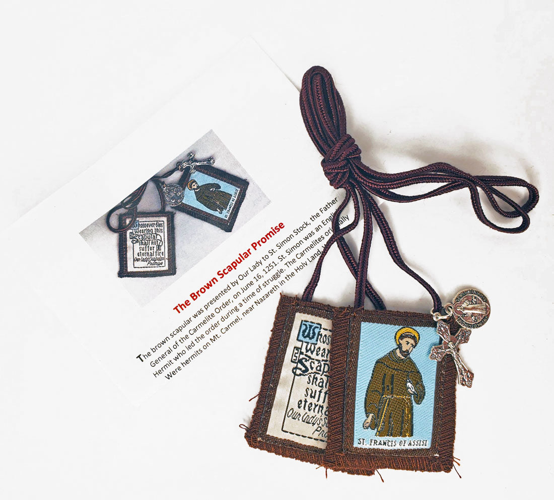 St. Francis of Assisi Brown Scapular - includes St, Benedict Jubilee Medal & Cru