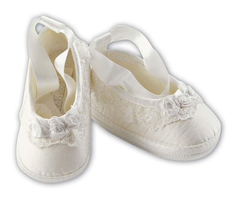White Satin with Rosebud & Lace Baby Shoes