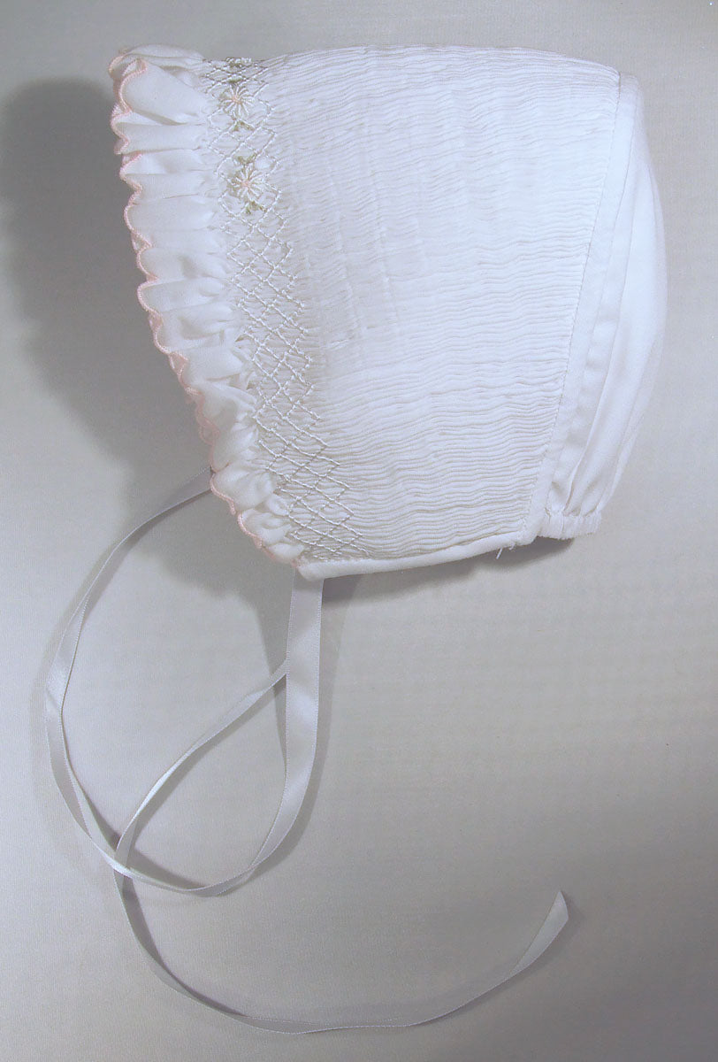 Smocked Pink & White Baby Bonnet for Baptism Day