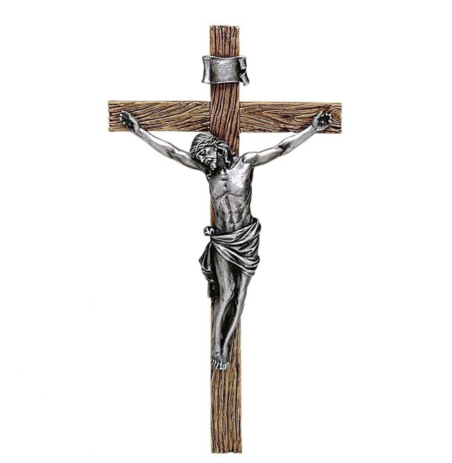 Antiqued Silver Corpus Resin Crucifix - 8.5 inch