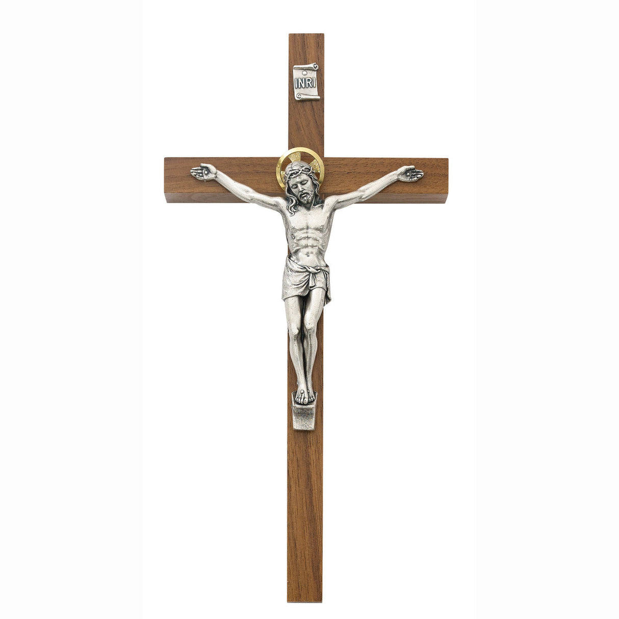 8 inch Walnut Wall Crucifix with Gold Halo