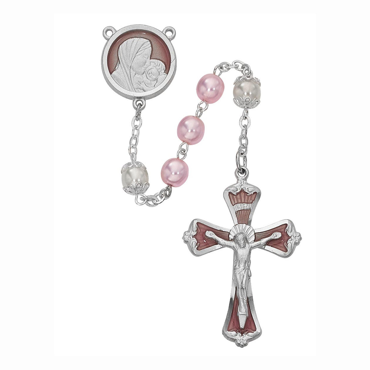 Pink Pearlized Rosary with Enameled Madonna & Chid Medal