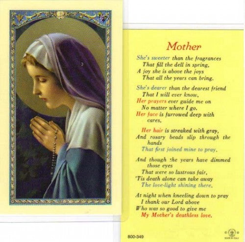 Madonna in Prayer Holy Card with "Mother" Poem - 800-349