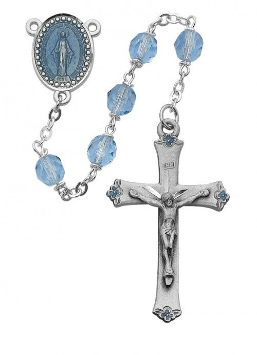 7mm Blue Crystal Deluxe Rosary with Enameled Miraculous Medal