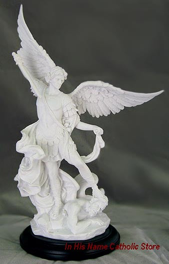 Saint Michael White Statue on Black Base - 11 inches in height