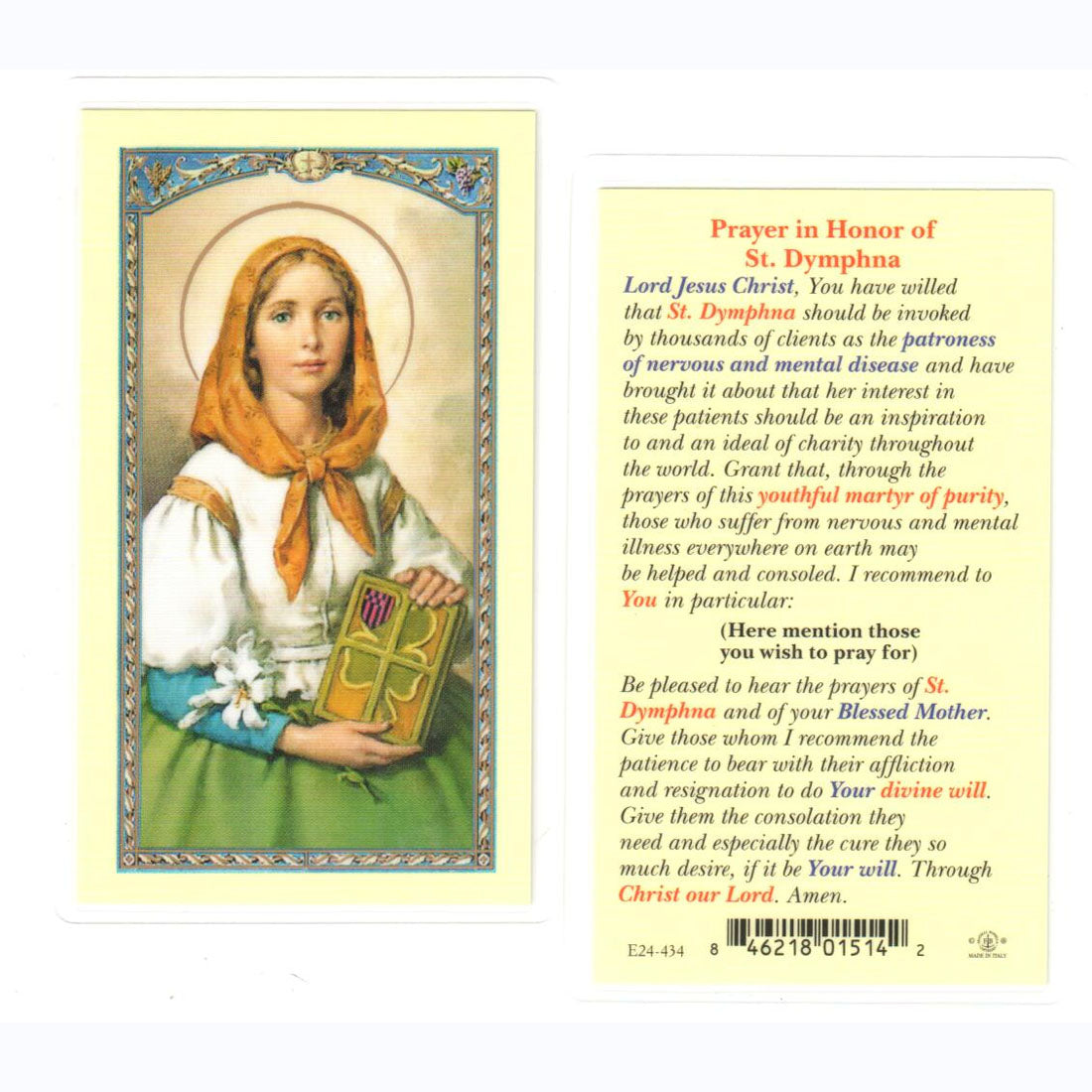 Saint Dymphna Holy Cards - Prayer For Those with Nervous or Mental Disease