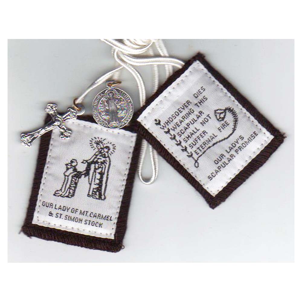 Traditional Brown Scapular with White Cord - includes St, Benedict Jubilee Medal