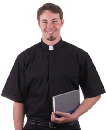 Black Short Sleeve Clerical Shirt with Tab Collar