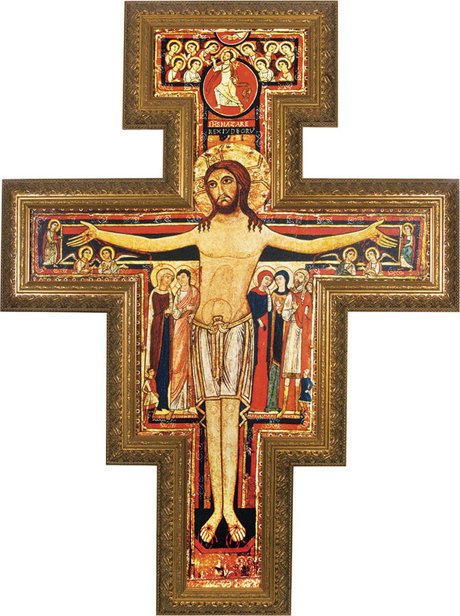 Gold Framed San Damiano Wall Crucifix - 18 inches tall