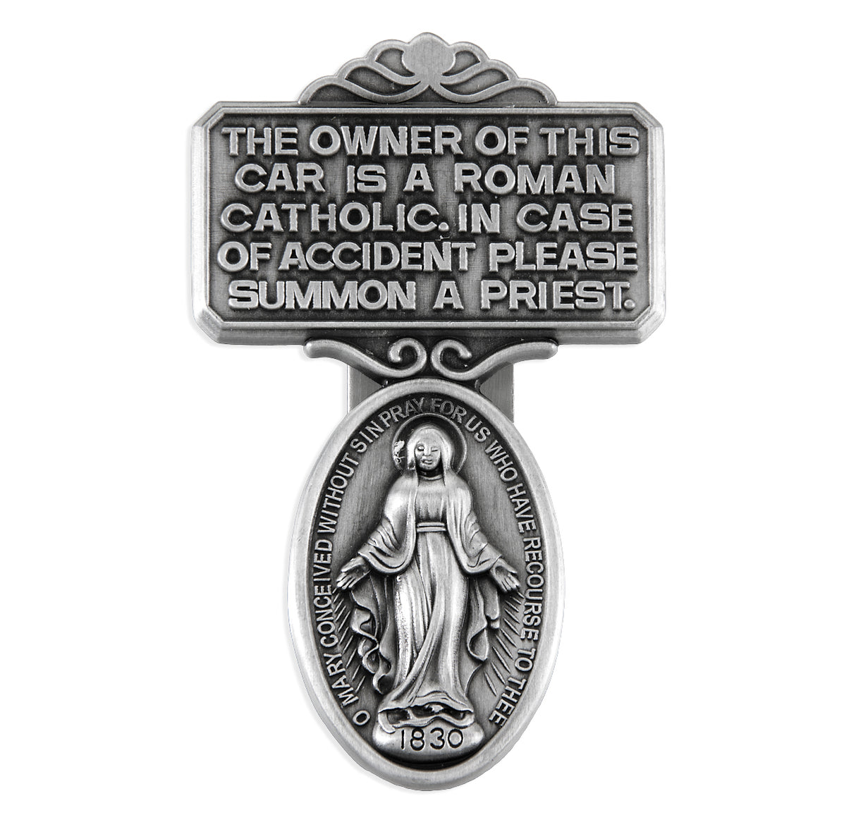 Miraculous Medal Visor Clip with Notice for Priest
