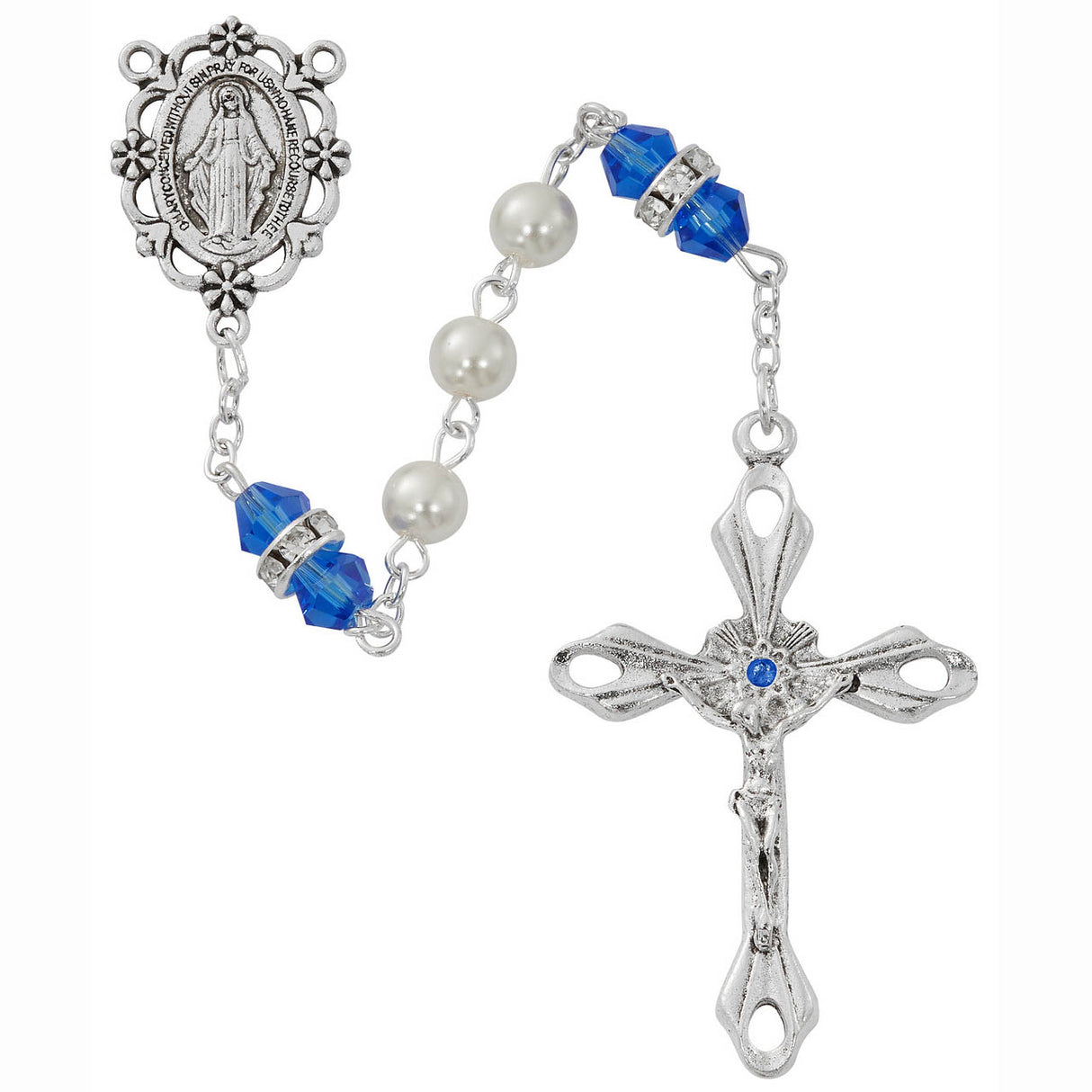 September Birthstone Pearl & Sapphire Blue Rosary - R917BLKF