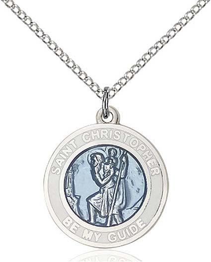 Sterling Silver St. Christopher Neckalce with White Blue Epoxy Medal