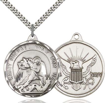 Large Sterling Silver St. Michael / Navy Pendant