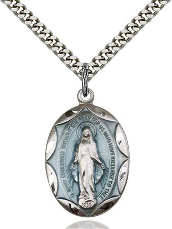 Large Sterling Silver & Blue Miraculous Pendant with Scalloped Edge
