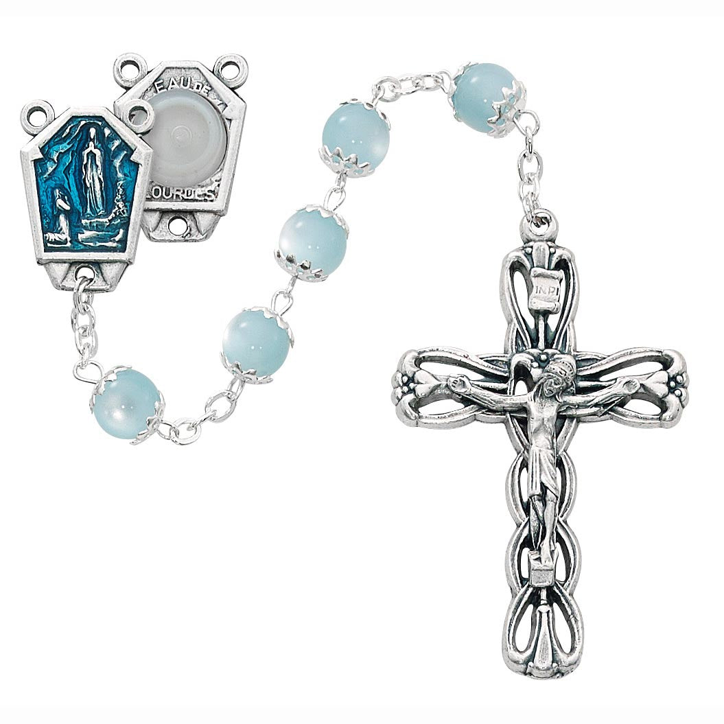8mm Blue Glass Lourdes Water Rosary 601F