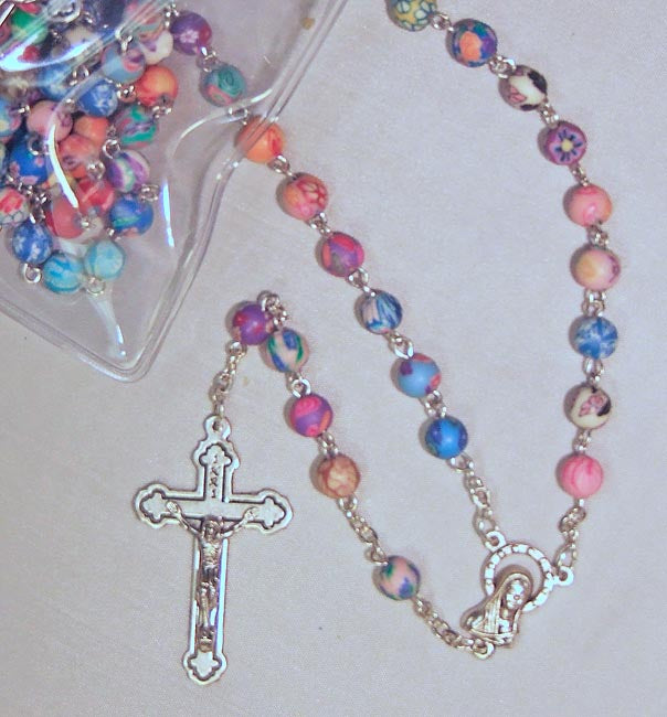 Multi-Color Floral Fimo Bead Rosary 1702-6