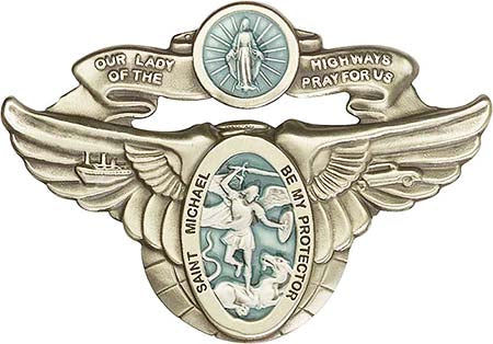 Antique Gold Our Lady of the Highway / St Michael Blue Visor Clip 1071EVG