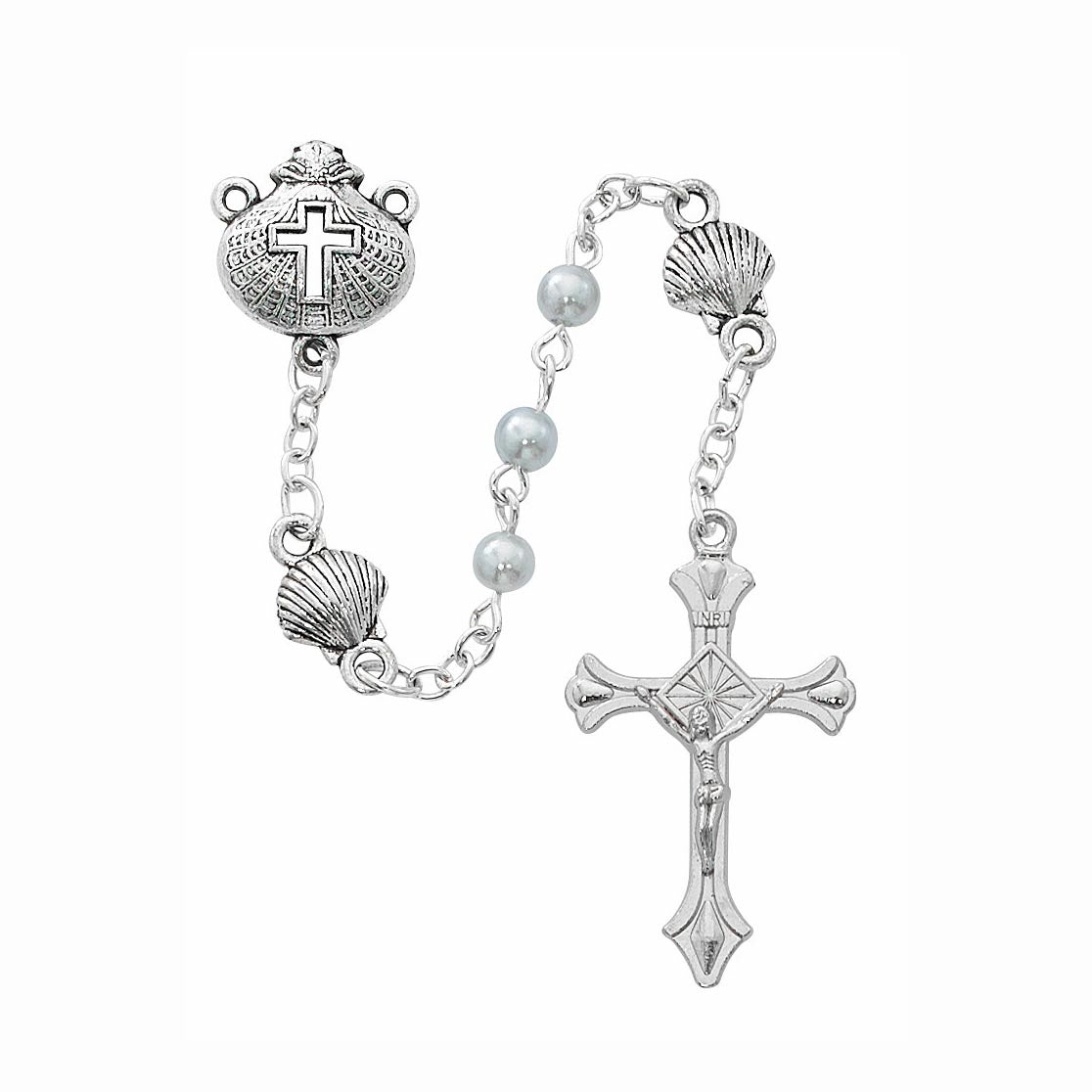 Blue Pearl Baby Rosary with Baptism Shell Medals