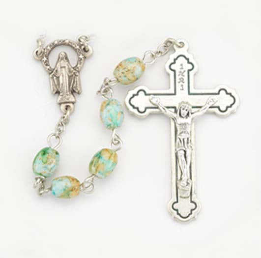 6x8mm Value Light Blue Glass Marblized Bead Rosary 1170LB