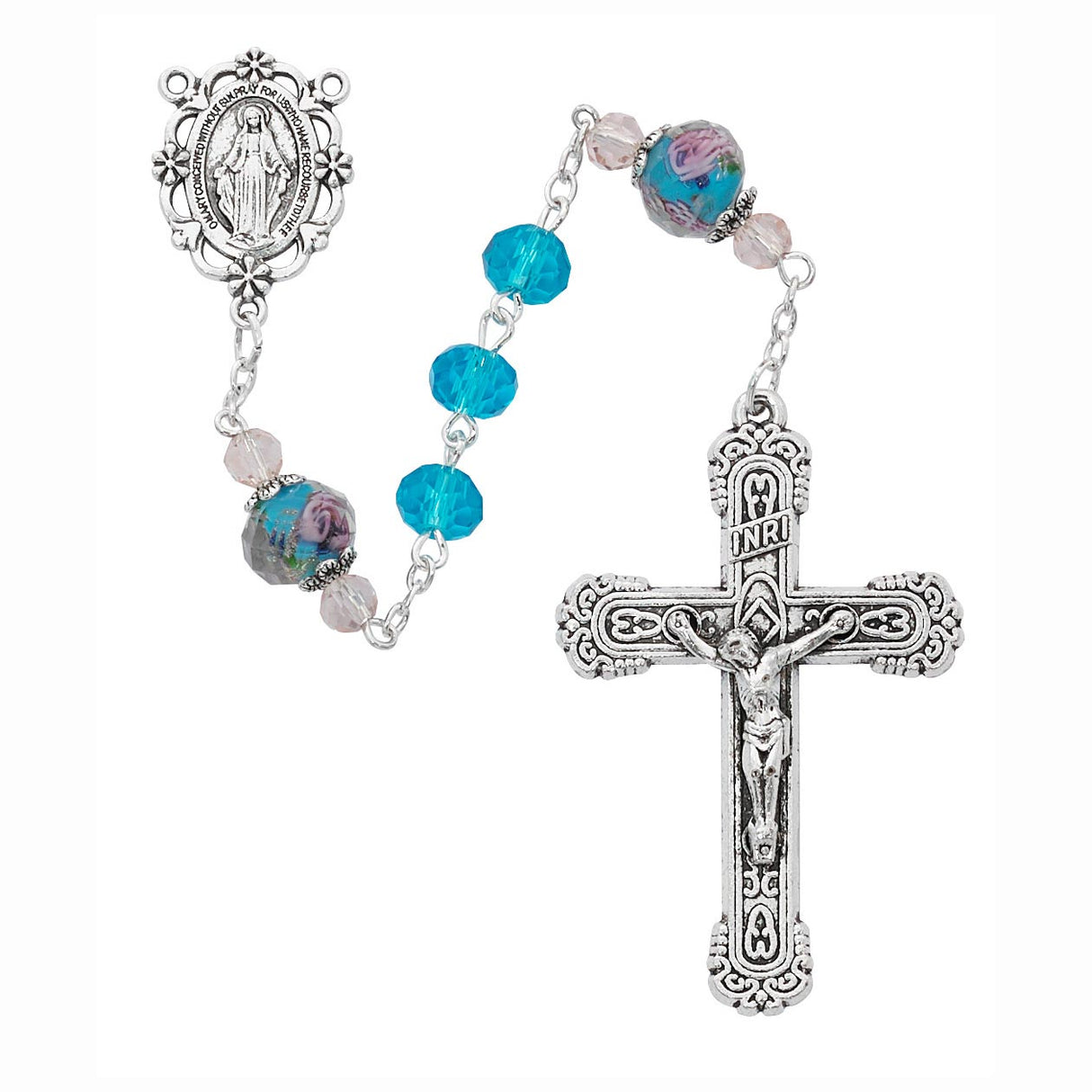 8mm Aqua & Floral Bead Rosary R890F