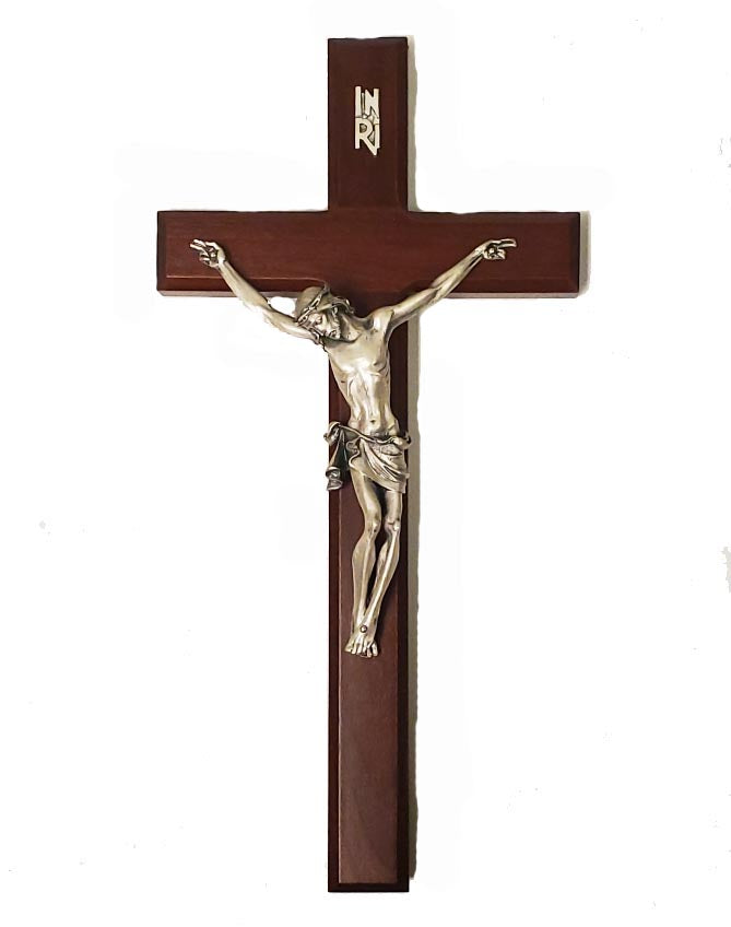 13inch Dark Cherry Wall Crucifx with Silver Plate Corpra