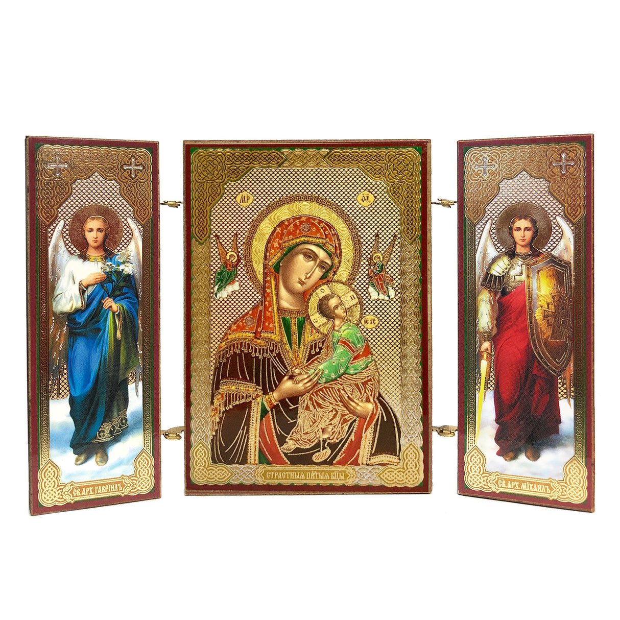 Wooden Icon Triptyich Virgin of Passions with Angels