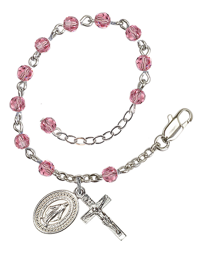 Rose Crystal Adjustable Rosary Bracelet Silver Plate