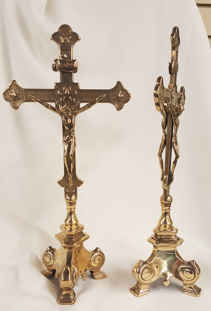 2 Sided Standing Brass Crucifix with Tri-Fold Base - 14 inches tall