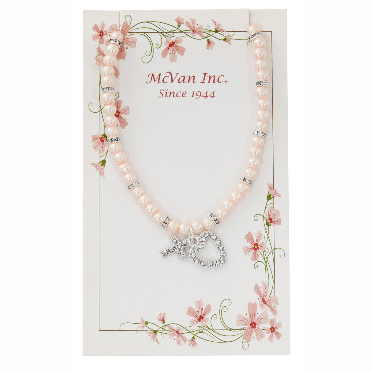 Crystal Heart and Cross on 16 inch Pink Pearl Necklace NK143C