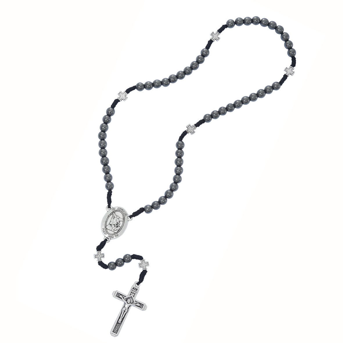 Corded St Michael Italian Hematite Rosary P581