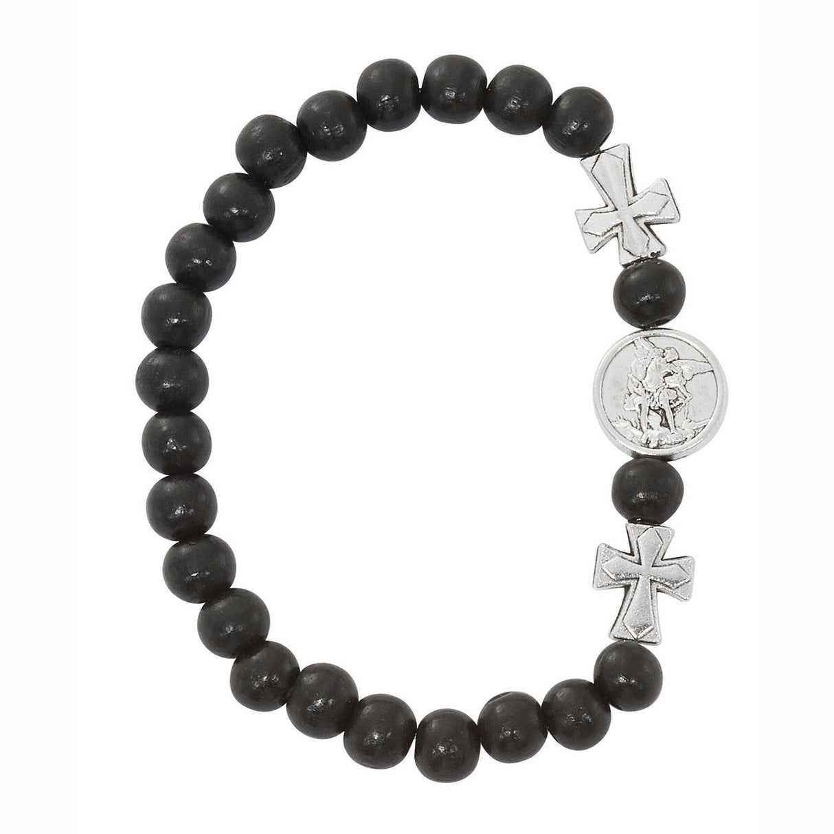 St Michael Black Wood with Silver Stretch Bracelet B1133C