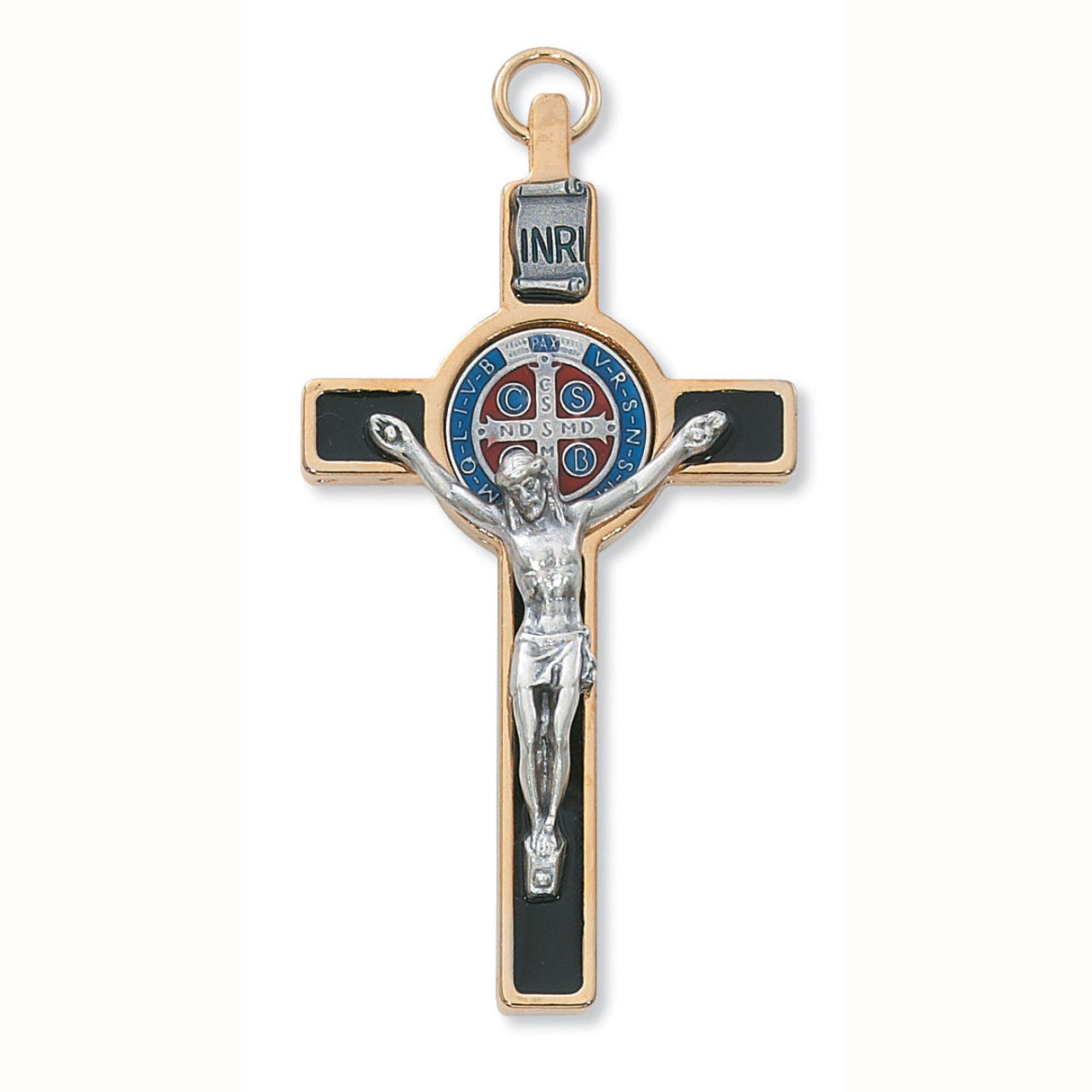 3 inch Color St Benedict Medal Crucifix with Gold Edge on Cord 119-08