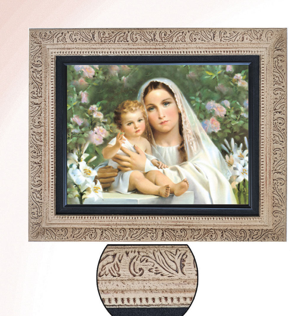 Madonna of the Lilies in Ornate Light Wood Framed Print