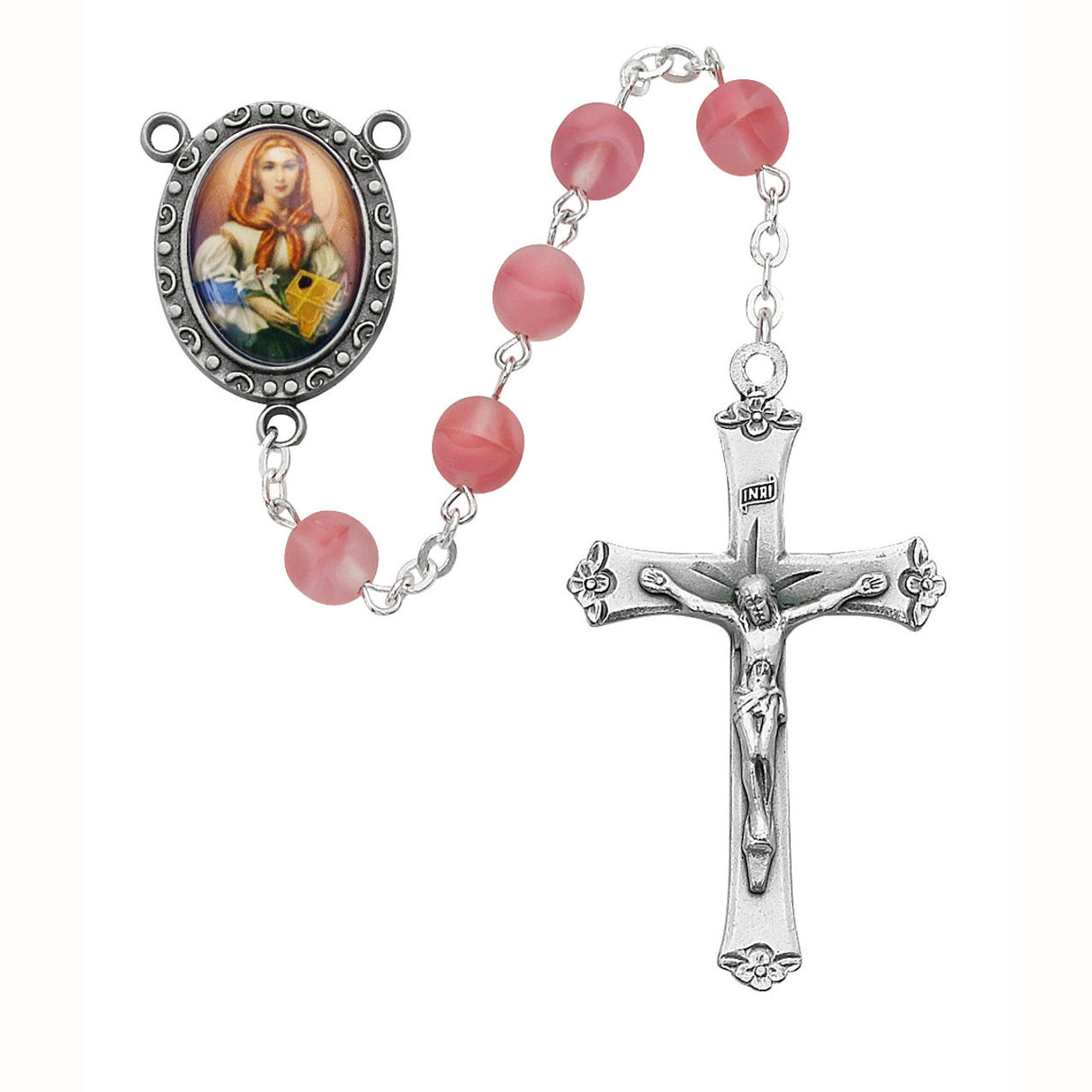 Saint Dymphna Deluxe Rose Glass Rosary R922F