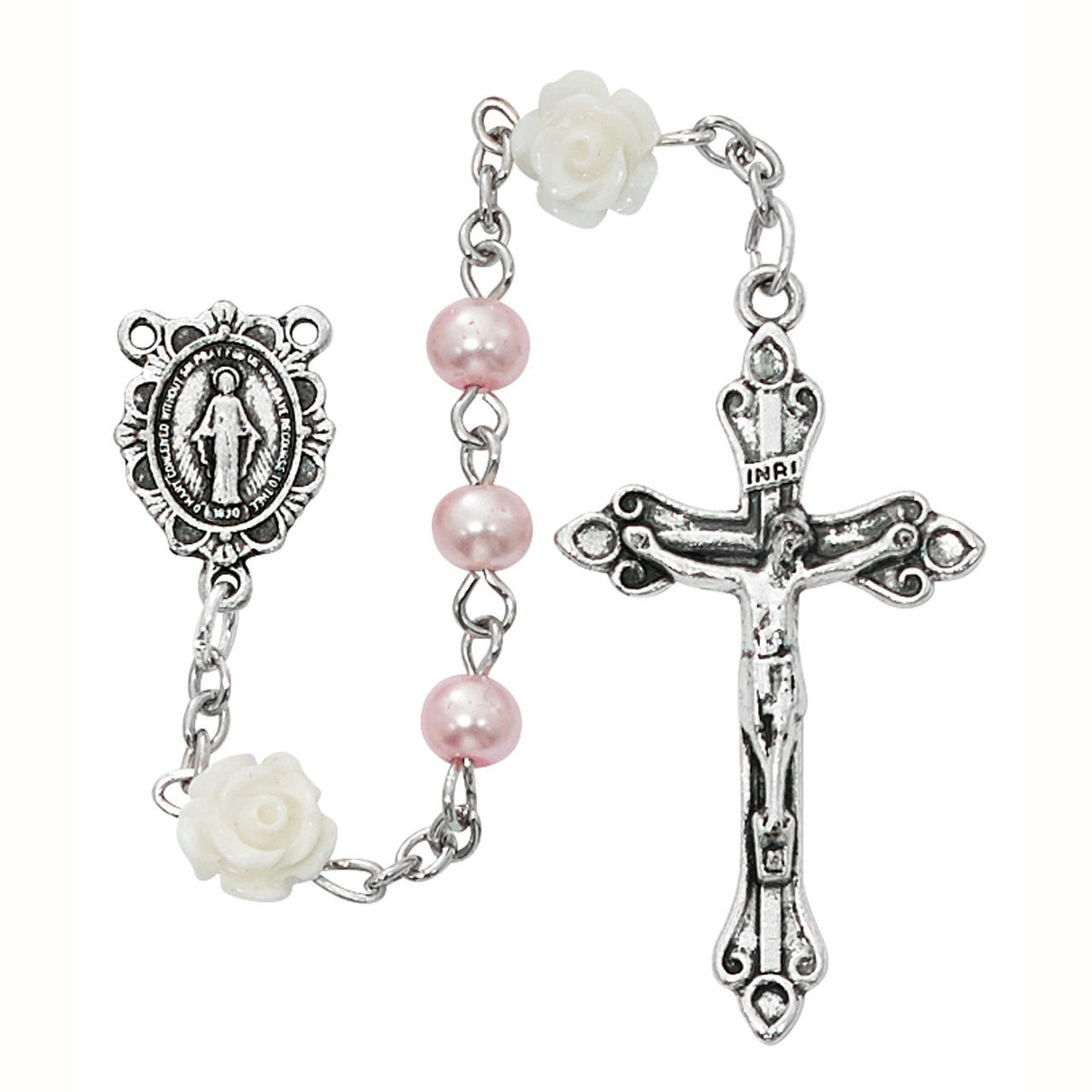 4mm Pink Pearl & White Flowers Rosary R797G