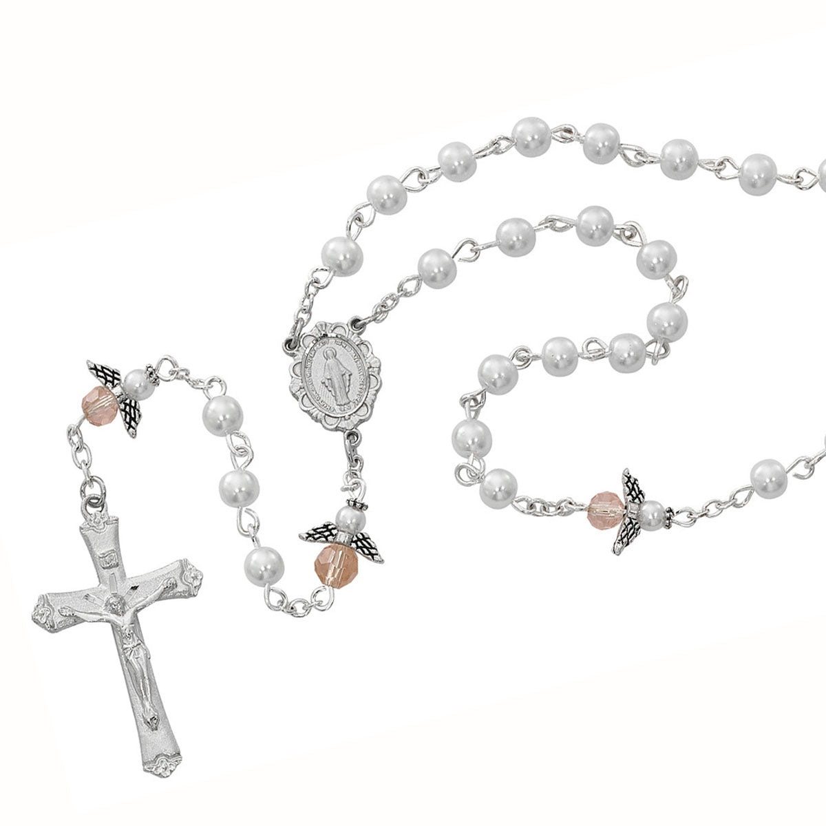 5mm White Pearl and Pink Crystal Angel  Rosary R553G