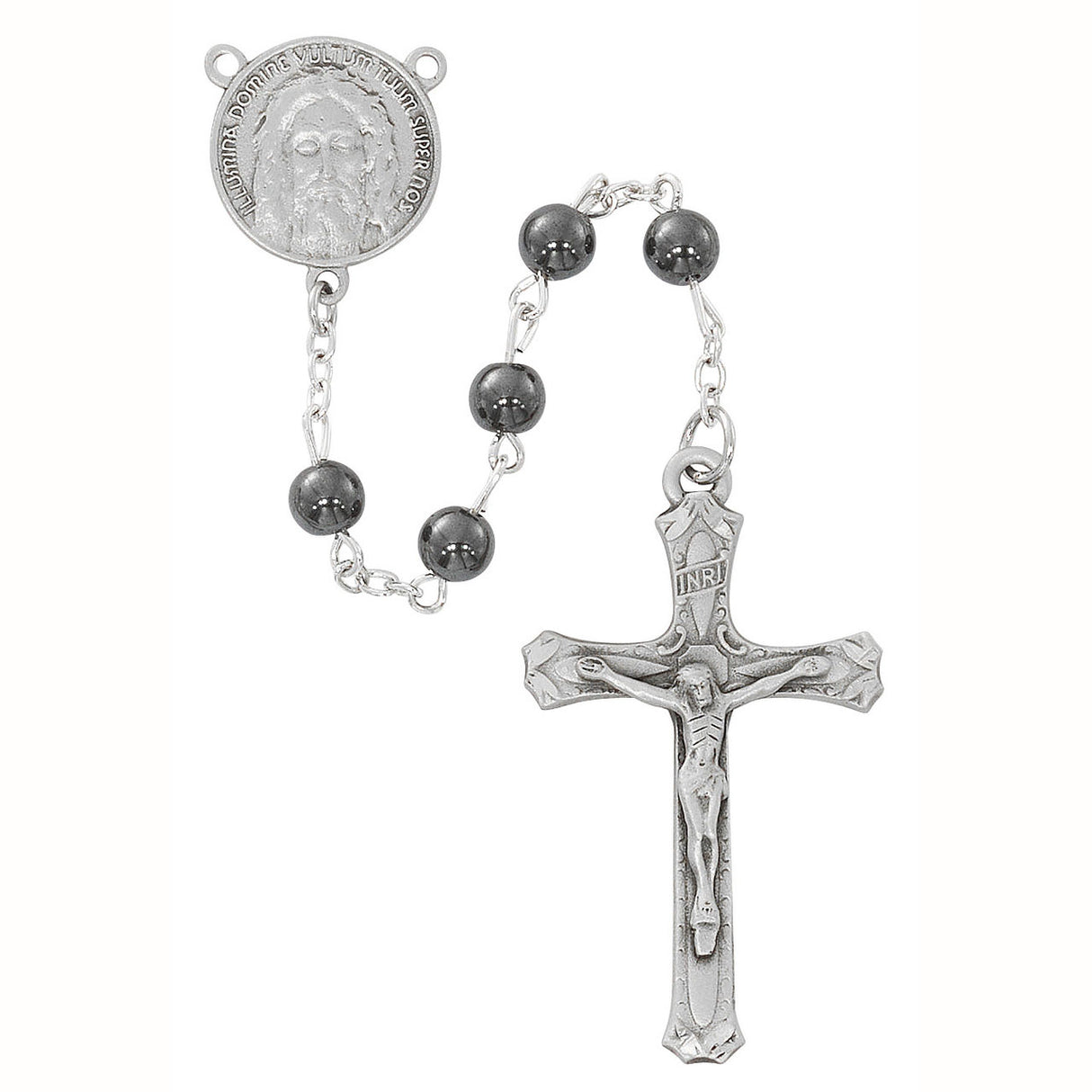 Deluxe Genuine Hematite Rosary with Holy Face Center R942F