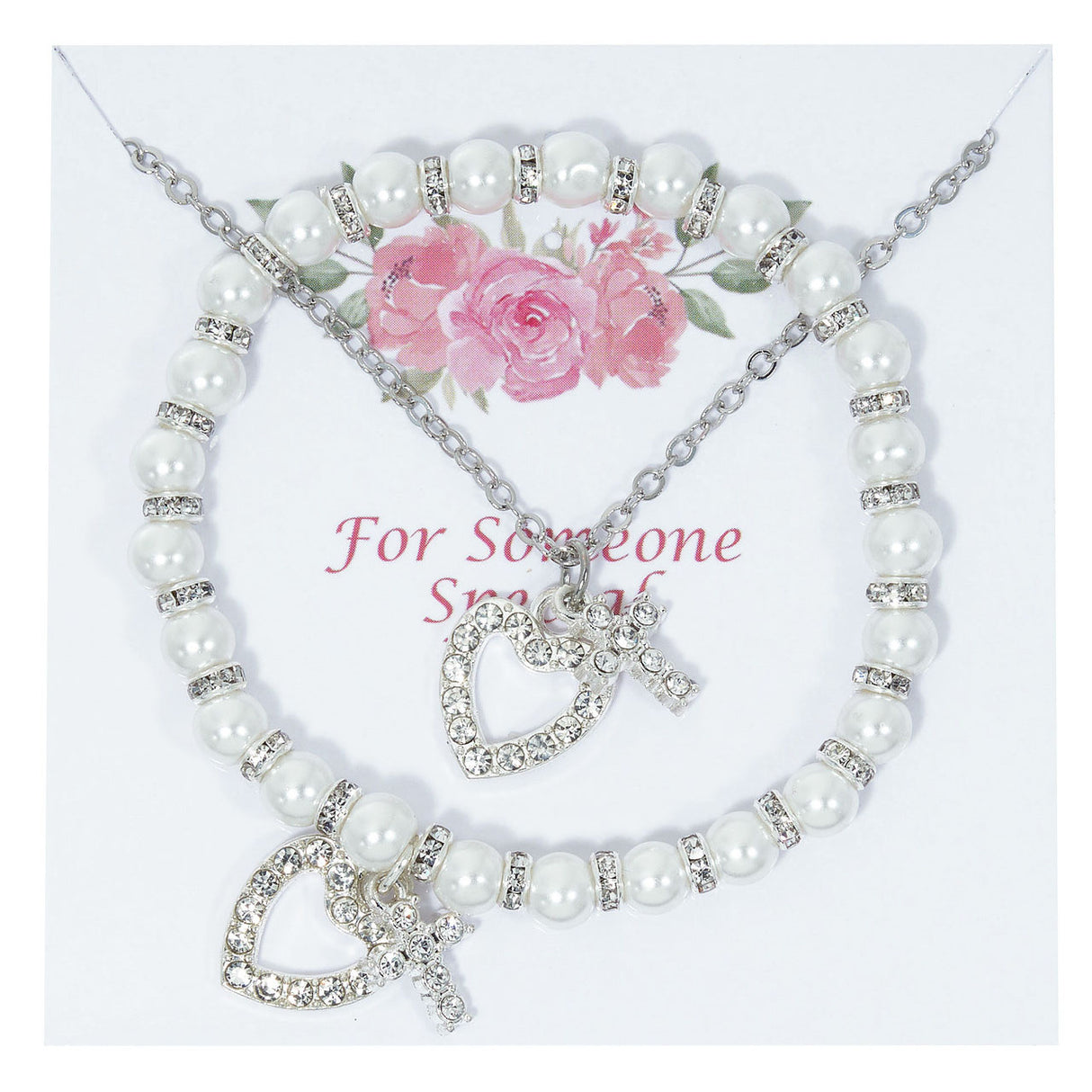Crystal Cross & Heart Pendant & White Bead Bracelet Set for Girls PND14