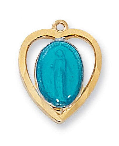 Heart Shaped Blue Miraculous Medal - Gold over Sterling  J426ME