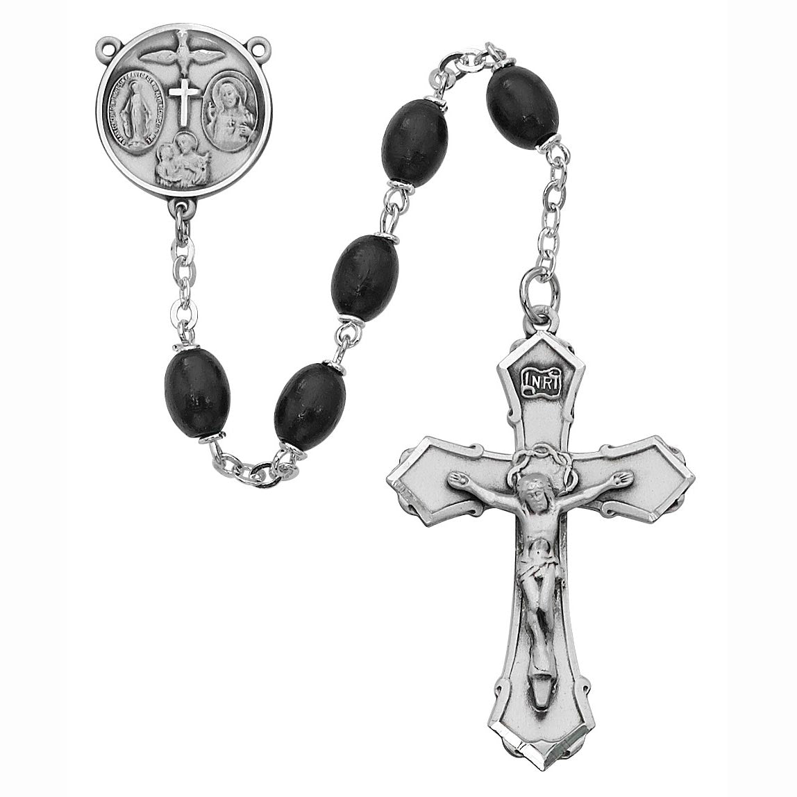 Black Oval Bead Wood and Sterling Silver Rosary 139LBK