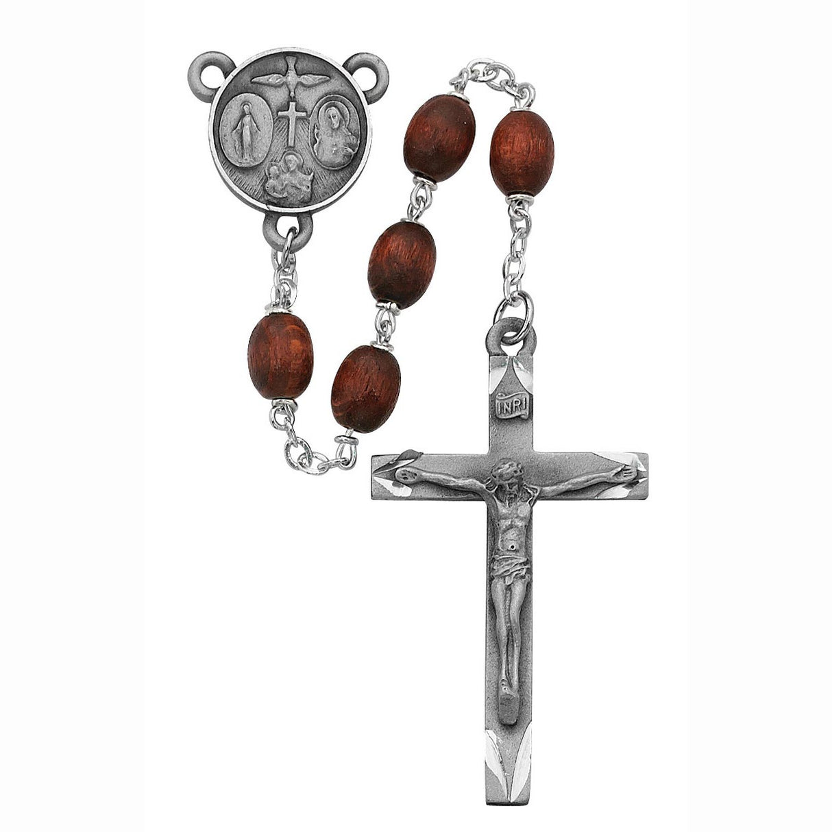 Traditional Brown Wood and Pewter Rosary  137D-BR/F