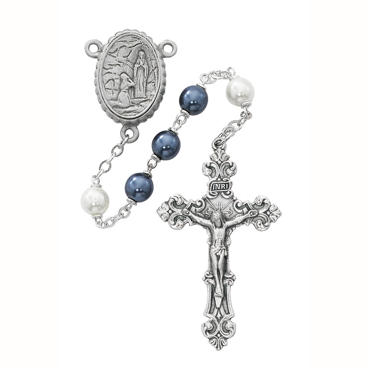 Blue Pearlized Bead Lourdes Water Rosary  no. R608DF