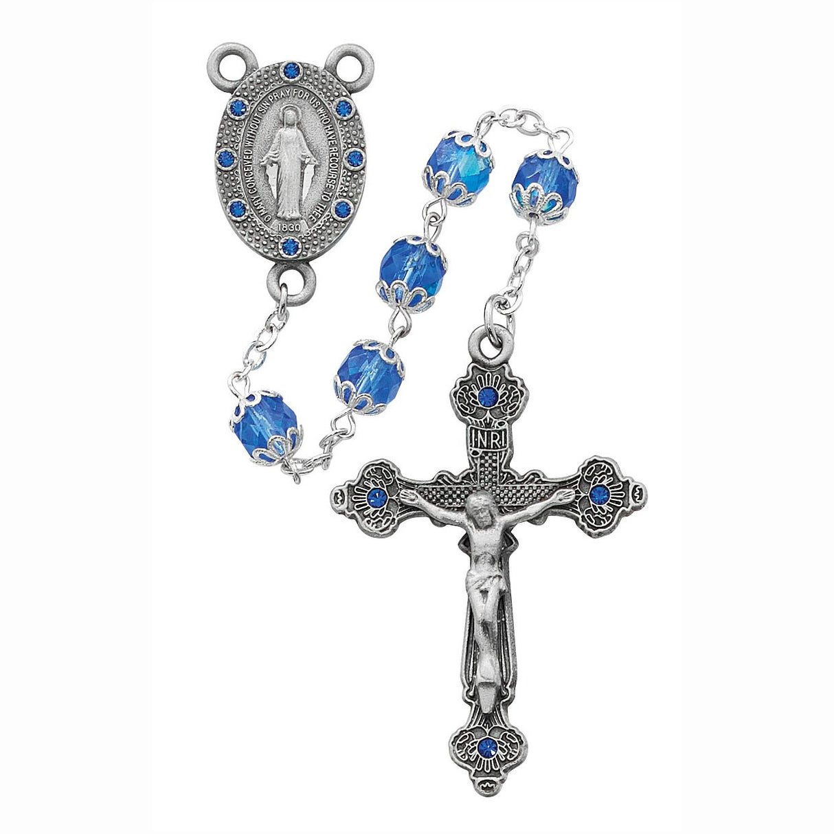 Capped Blue Crystal Rosary with Rhinestone Marian Center