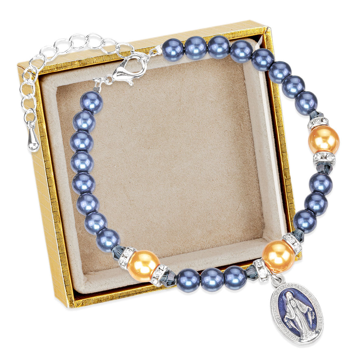 Blue & Gold Bead Miraculous Medal Bracelet