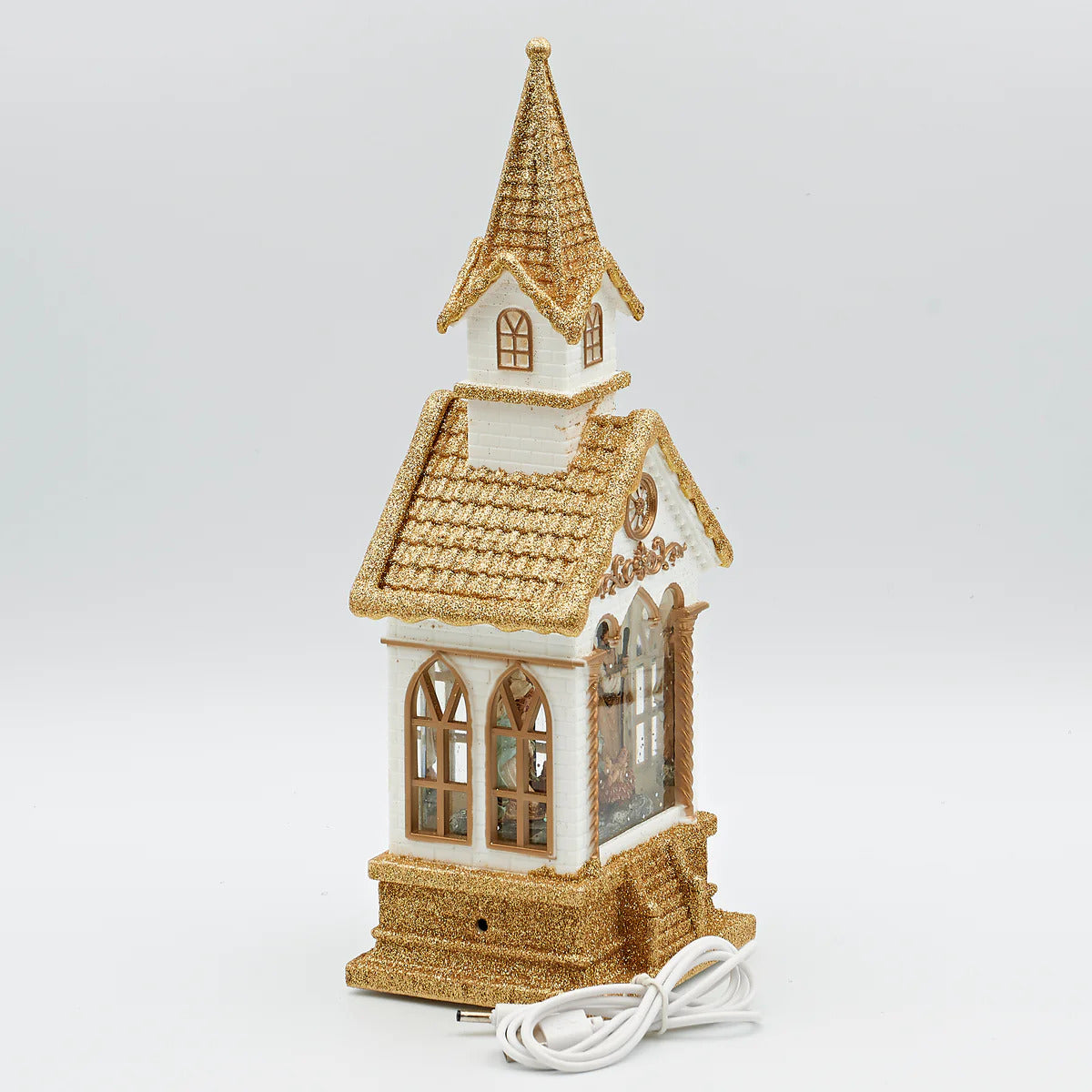 Confetti Lites Lighted Swirl White and Gold Church with Holy Family
