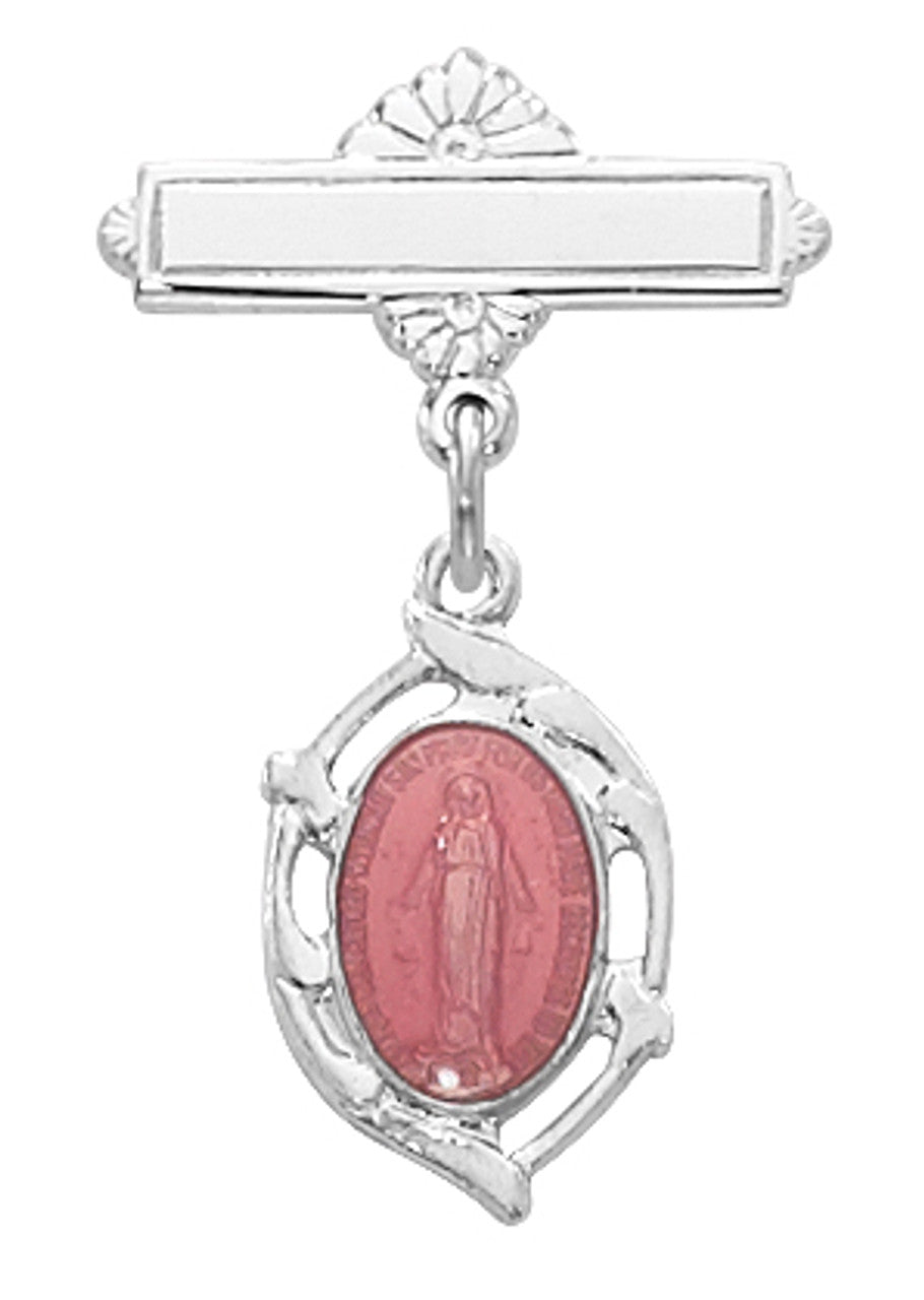 Baby Sterling Miraculous Medal on Bar Pin with Pink Epoxy 432LT