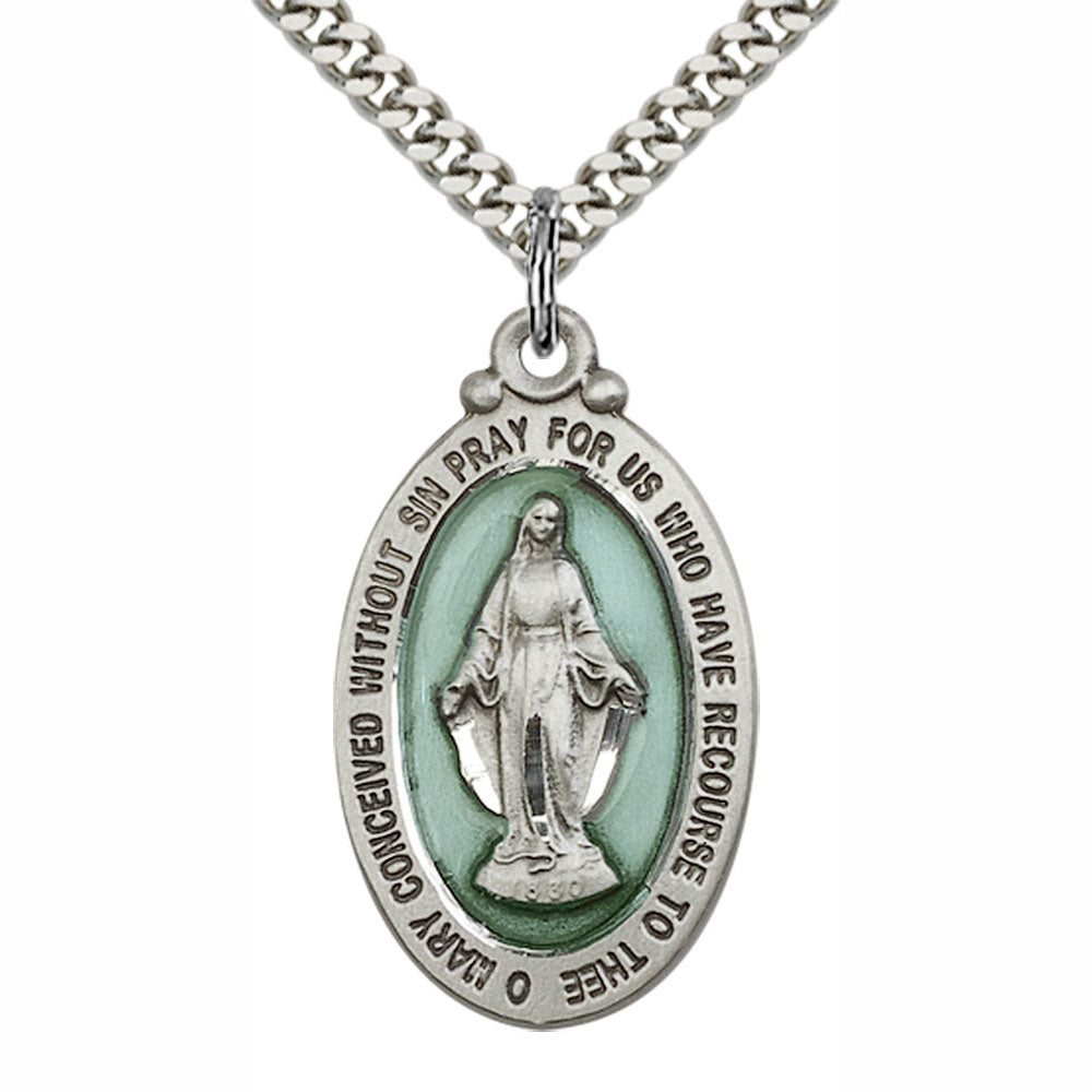 Large Blue Enameled Silver Miraculous Medal Pendant 4145EMSS/24S