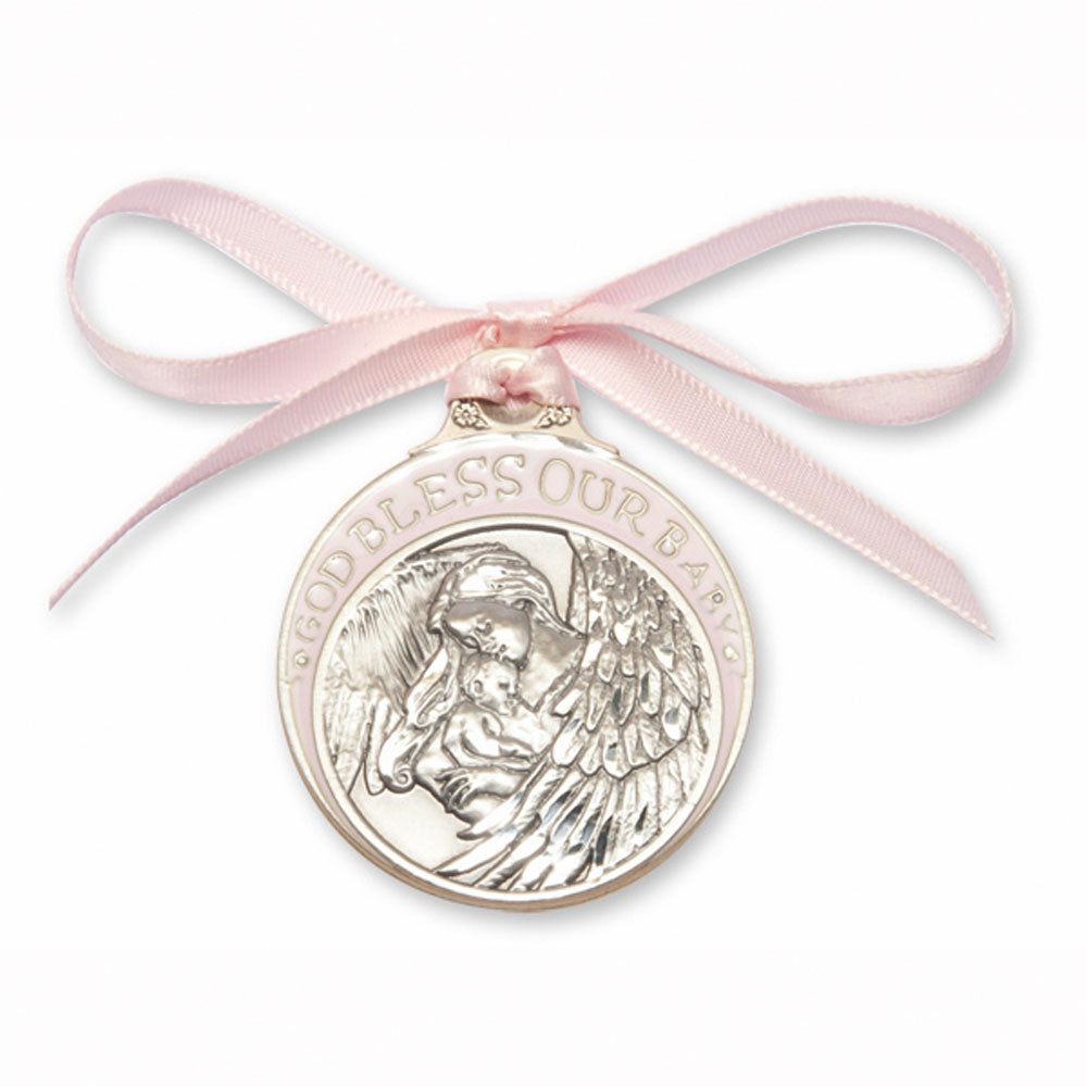 Pewter Pink Baby with Angel Crib Medal 4300PPW