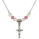 Crucifix Necklace with Faux Pearls & Pink Crystals N03PRRO-2529PWS